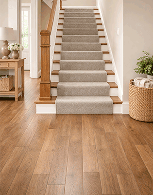 Stair carpet and oak wood flooring by Boldmere Carpets